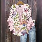 Vit Blus med Blommönster för Dam – Halvlång Ärmar och V - Ringning i Bomull och Polyester - STILUNA