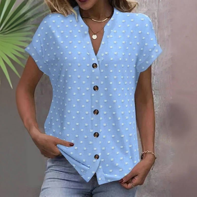 Vit Kortärmad Blus i Bomull och Polyester med V - Ringning och Knappar för Dam - Vintage Stil för Vår och Sommar - STILUNA